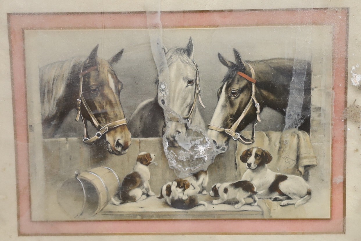 English school, early 20th century, hand coloured lithographed, stable scene depicting hounds amongst horses, 13 x 20cm